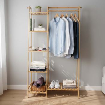 Obrázek Dřevěný stojan na oblečení s policemi a věšákem - šířka 80 cm