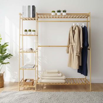 Obrázek z Dřevěný stojan na oblečení s policemi a věšákem - šířka 130 cm 