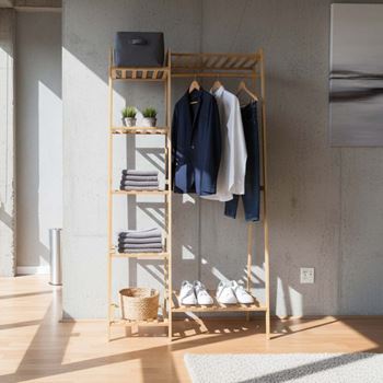 Obrázek z Bambusový stojan na oblečení s policemi a věšákem - šířka 80 cm 